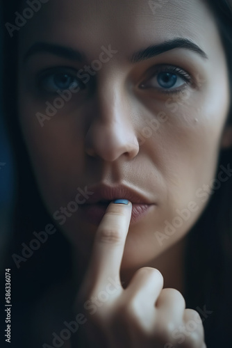Shut Up, keep quiet, Hush Now. Close-up shot of a woman's finger pressed against her lip, indicating silence or respect. Communication concept. AI Generative
