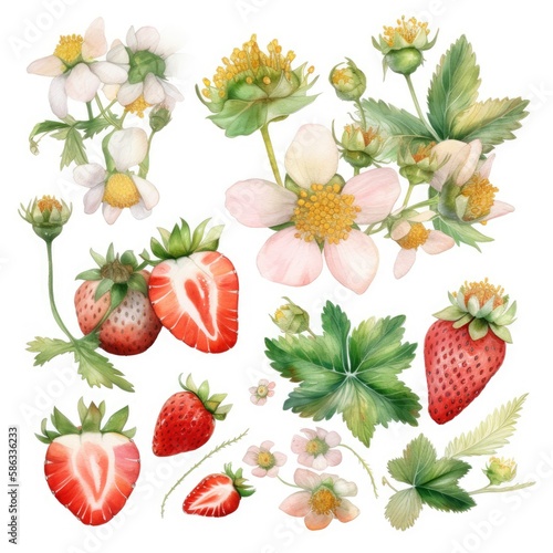 Set of watercolor isolated strawberries with leaves clipart.Created with generative AI