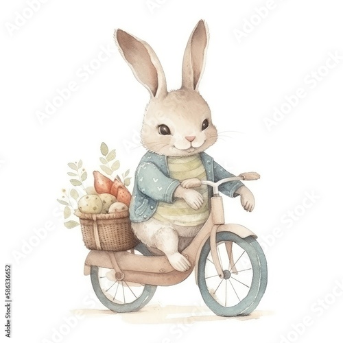 Watercolor rabbit on a bicycle children's illustration.Created with generative AI