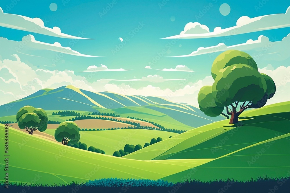 Spring landscape with rolling green hills and light blue sky. Generative AI