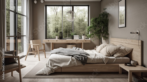 Nordic Elegance: Minimalist Bedroom Oasis with Large Windows and Modern Design