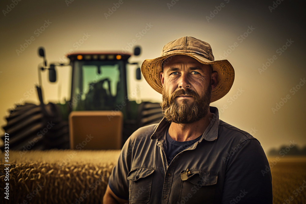 Farmer on the background of an agricultural tractor. Generative AI