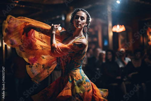 Fototapeta A passionate flamenco dancer is seen twirling and moving gracefully in a colorfu