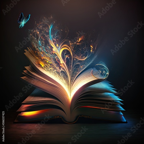 Open book with magic pattern on dark background, fantasy reader generative ai illustration