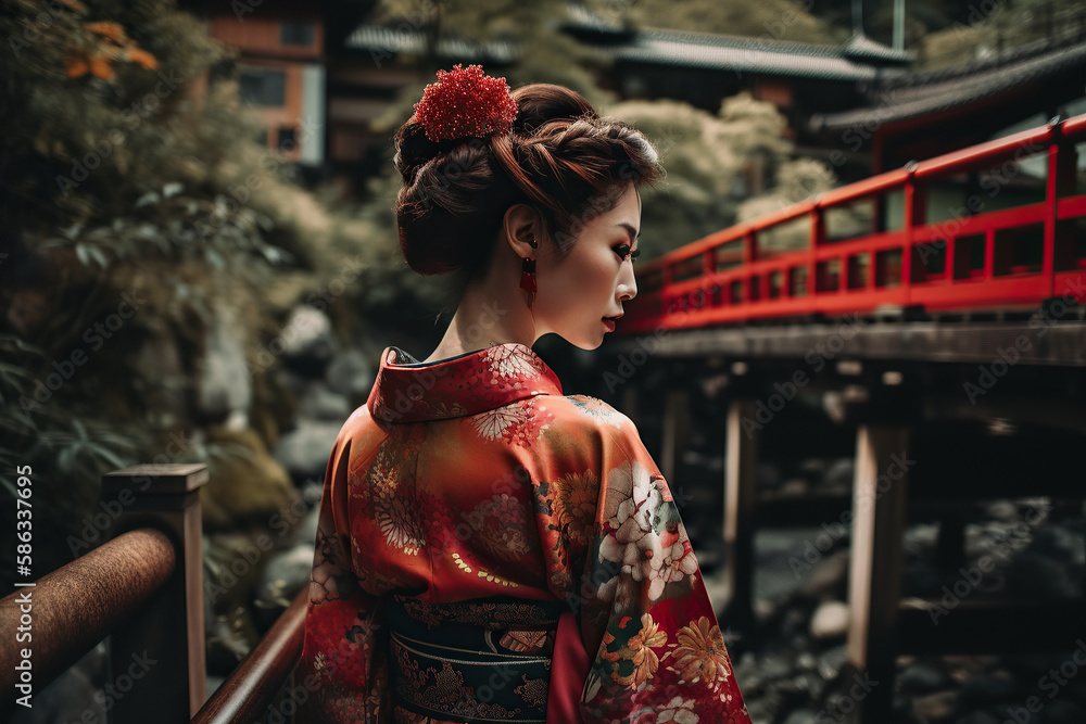 The Beauty and Elegance of  a Geisha walking across a bridge over a peaceful river. Japan. Capturing Japanese Culture and Tradition - AI Generative