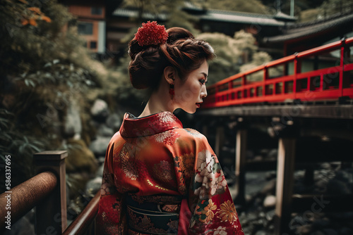 The Beauty and Elegance of a Geisha walking across a bridge over a peaceful river. Japan. Capturing Japanese Culture and Tradition - AI Generative