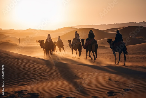 Obraz na płótnie The Beauty of the Sahara Berberes: Bedouin Nomads Riding Camels Through the Saha