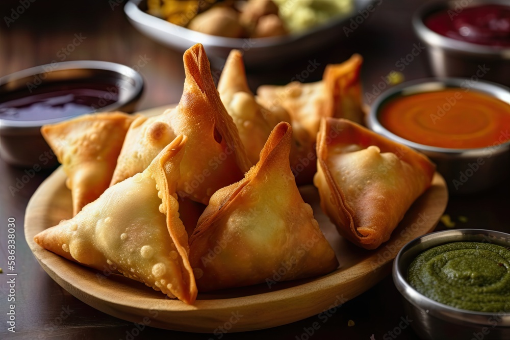 Close up shot of delicious samosas on a wooden plate with green spices Close up shot of delicious samosas on a wooden plate with green spices