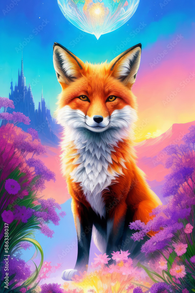 Obraz premium The fox, floral background, Generative AI Art Illustration 10