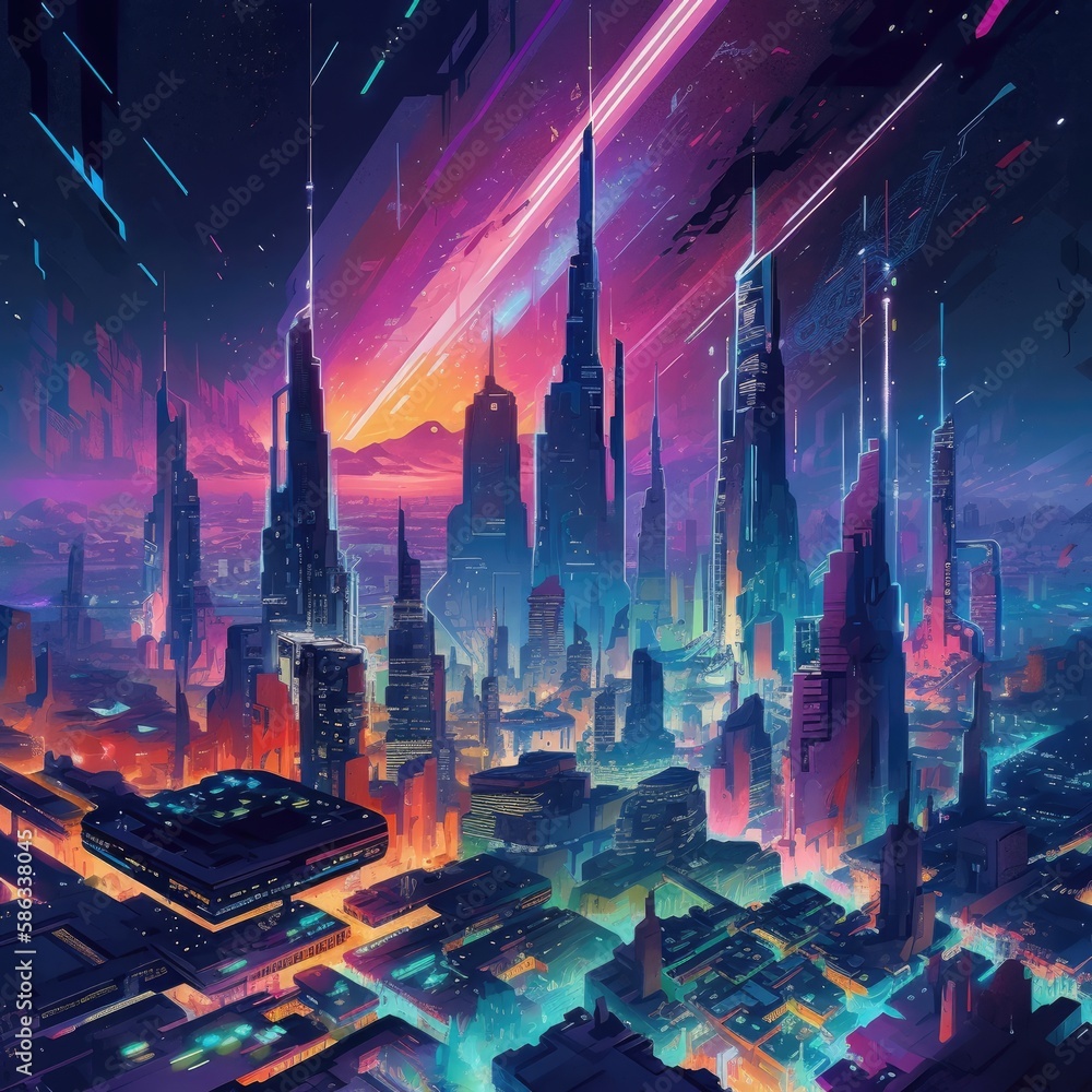 Fototapeta premium Cosmic Metropolis: A Towering Cityscape with Silver Skyscrapers