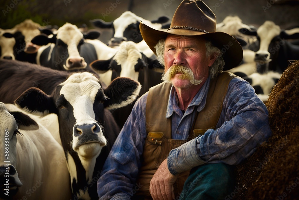 Portrait of a farmer surrounded by cows. Generative AI