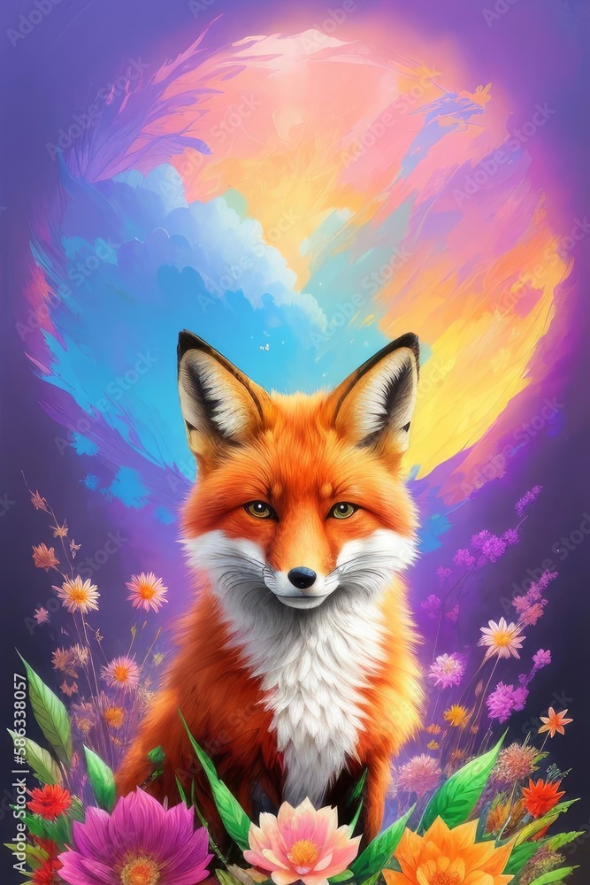 Fototapeta premium The fox, floral background, Generative AI Art Illustration 06