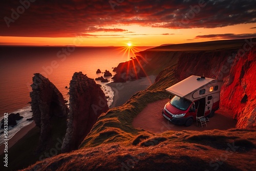 Camper parked on cliff with sea background. Generative AI