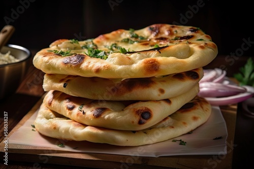 freshly baked nan and garlic bread on a tray with perfect doneness