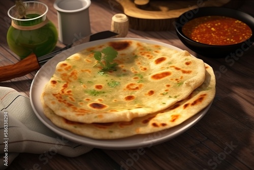 food photo of paratha bread dish on white plate with sauce and leaves