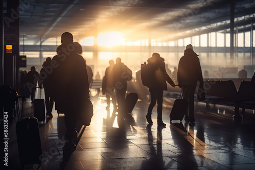 Ready to Fly. A group of passengers waiting in airport in front of the departure gate with the sunrise light coming in. Flight, Travel and adventure concept. AI Generative
