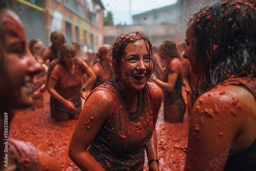 La Tomatina Festival: A Colorful and Messy Celebration of Spanish Tradition and Culture.Spain's Famous Tomato Fight Festival Ai Generative	
 photo