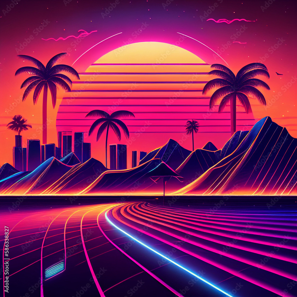 Fototapeta premium Synth wave tropical retro city landscape background at sunset Generative AI