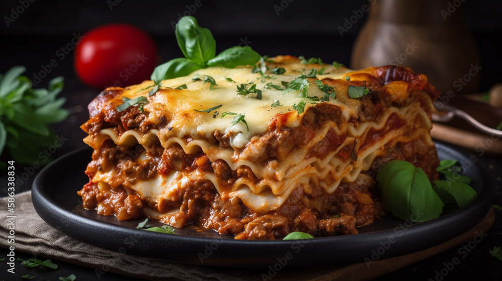 Lasagna with sauce and basil Generative AI Lasagna with sauce and basil Generative AI