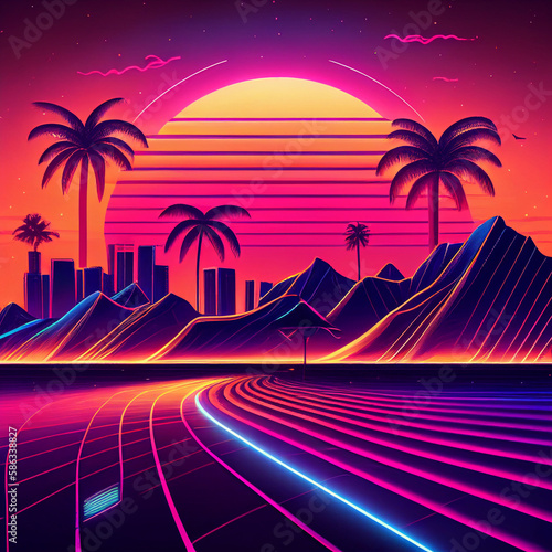Synth wave tropical retro city landscape background at sunset Generative AI