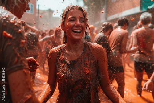 La Tomatina Festival: A Colorful and Messy Celebration of Spanish Tradition and Culture.Spain's Famous Tomato Fight Festival Ai Generative	
 photo