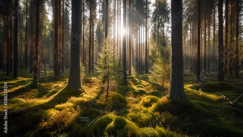 Sunlit Natural Spruce Tree Forest, generative AI,