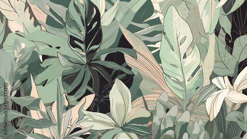 tropical foliage wallpaper, patters, flowers, style, fashion, plants, nature ,generative AI,