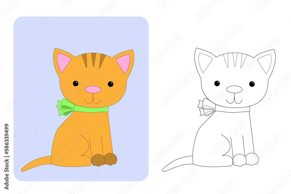 Coloring page. Cute kitten with a green bow. Coloring page. Cute kitten with a green bow.