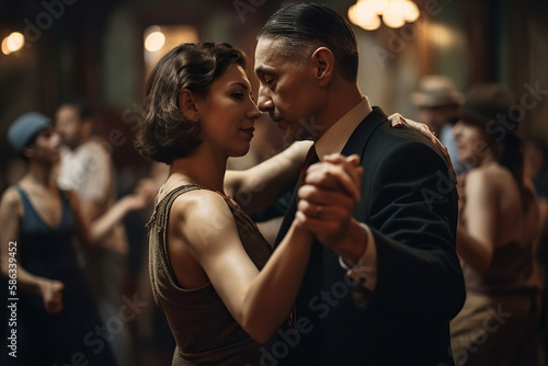 Dancing the Tango in Buenos Aires. A group of tango dancers in Buenos Aires twirling. Passion and culture concept. AI Generative