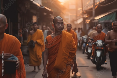 Buddhist Tranquility: Thai Monks, Clad in Robes, Walk Barefoot Through the Streets, Partaking in Sacred Alms-Giving and Meditation as a Profound Religious Practice.