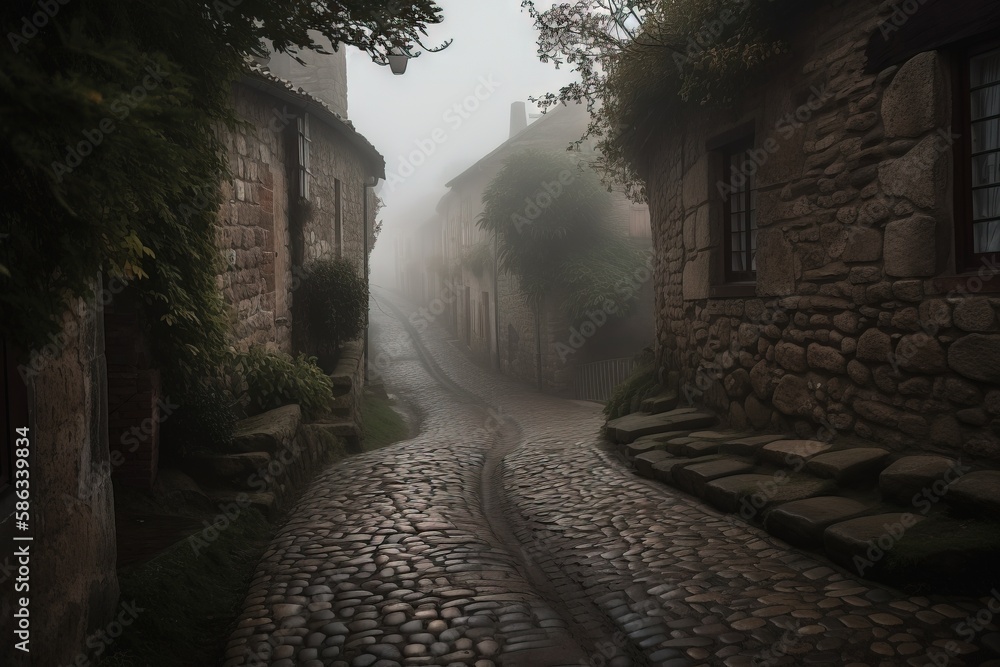 a cobblestone street with stone buildings on both sides of it in the ...
