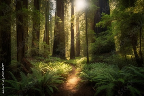  a path through a forest with lots of tall trees and ferns on both sides of the path is lit by a bright light in the middle of the forest.  generative ai © Oleg
