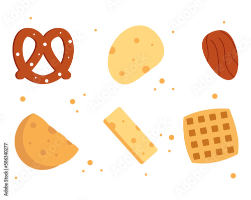 Collection of snacks. Mix of crackers, chips, nuts and cookies. Design elements for website, presentation, flyer, brochure. Vector illustration