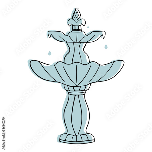 Cute outdoor marble fountain. Sketch in doodle style. Vector illustration