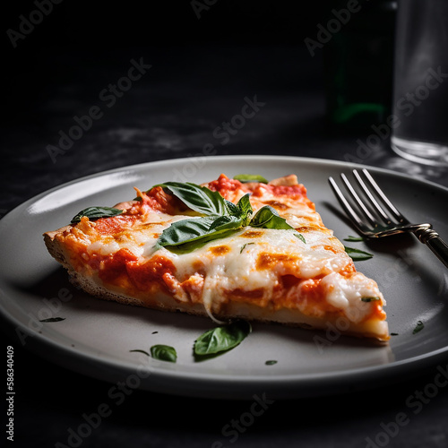 Slice of margherita pizza with melting cheese on a black plate, against a black background - Generative AI