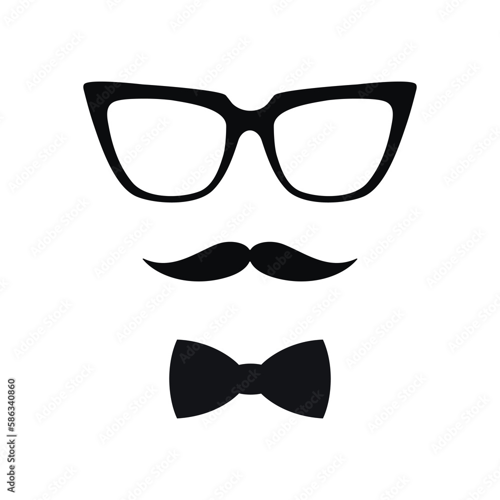 Hipster man character. Black sunglasses, mustache and bow tie flat