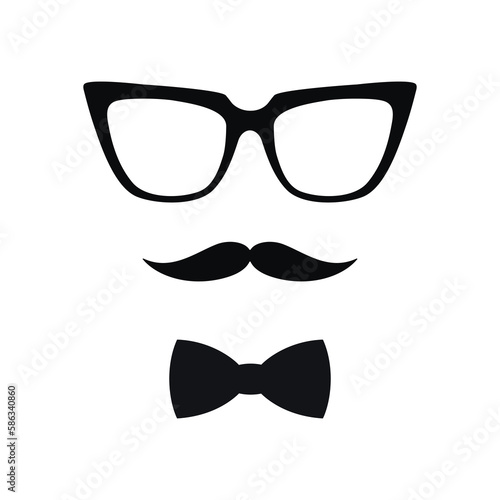 Hipster man character. Black sunglasses, mustache and bow tie flat vector drawing illustration. Hand drawn glasses frame silhouette icon. Minimal design, print, banner, card, poster, barber shop logo.