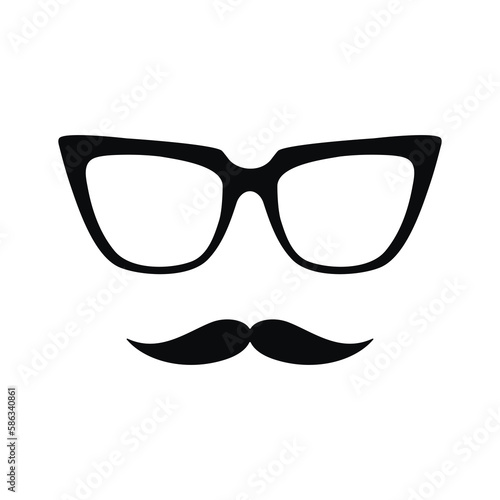 Male character sunglasses and mustache flat vector drawing illustration. Hand drawn glasses frame silhouette icon. Minimal design, print, banner, barber shop card, poster, brochure, hipster logo.