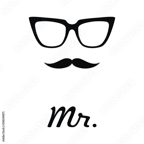 Mr. icon, hipster man character. Black sunglasses and mustache flat vector drawing. Hand drawn glasses frame silhouette. Minimal design, print, banner, card, poster, barber shop logo, sign, symbol.