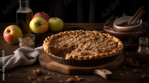 Apple pie on a wooden background Generative AI