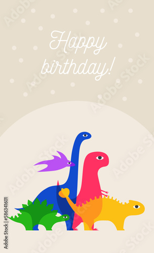 Birthday greeting card. Collection of different types of the dinosaurs © vikis