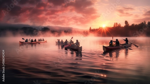 A scenic view of several canoe boats with travellers passing by, the long exposure creating polished water and flying pink and orange feather clouds in the sky. AI Generative.
