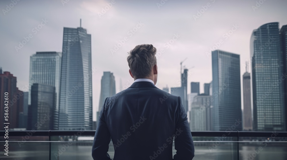 Photo-realistic image of a businessman from behind, gazing at a modern city skyline, embodying ambition, success, and urban lifestyle. Envisioned by AI.
