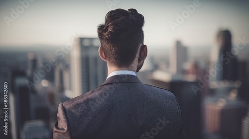 Photo-realistic image of a businessman from behind, gazing at a modern city skyline, embodying ambition, success, and urban lifestyle. Envisioned by AI. 