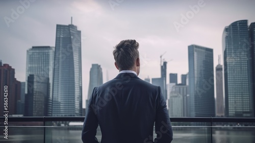Photo-realistic image of a businessman from behind, gazing at a modern city skyline, embodying ambition, success, and urban lifestyle. Envisioned by AI. 