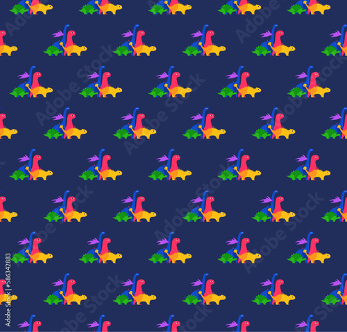 Seamless pattern of different types of the dinosaurs