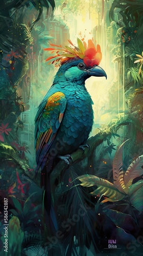Majestic Resplendent Quetzal Bird in its jungle habitat, with vibrant colors and intricate details, watercolor illustration, AI Generative