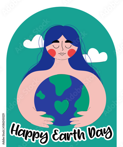 Cute woman embraces planet Earth with care and love. Mother nature. The concept of Earth day. Save our planet. Go green. Trendy flat style with line.
