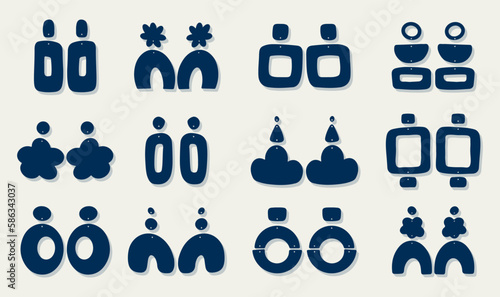 Big set of boho style earrings. Collection of jewelry. Modern vector illustration. Trendy hand drawn. Earrings templates of various shapes.