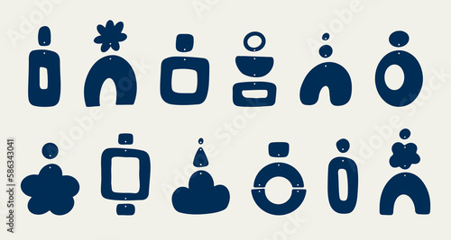 Big set of boho style earrings. Collection of jewelry. Modern vector illustration. Trendy hand drawn. Earrings templates of various shapes.